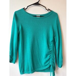 CHICOS Teal Green Ruched Side Tie Knit Sweater Top Classic Work Size 0 Small